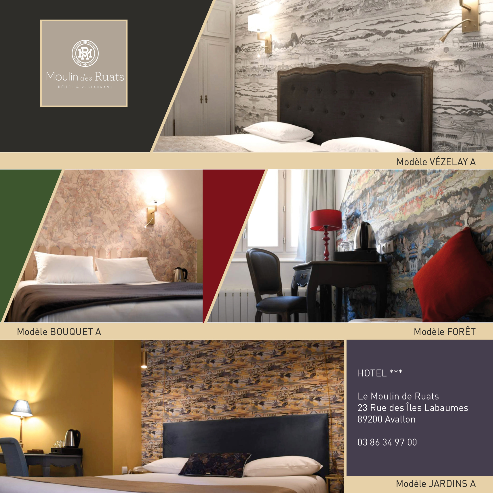 Photo des chambres de l'Hôtel des Ruats, à Avallon, présentant les modèles "VézelayA", "BouquetA","Forêt", et "JardinsA""